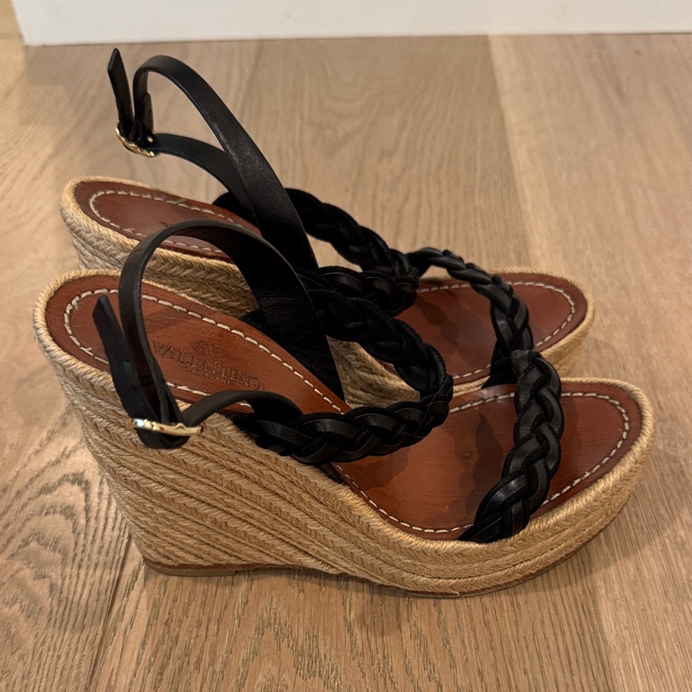 Valentino Garavani Black Braided Espadrille Wedges